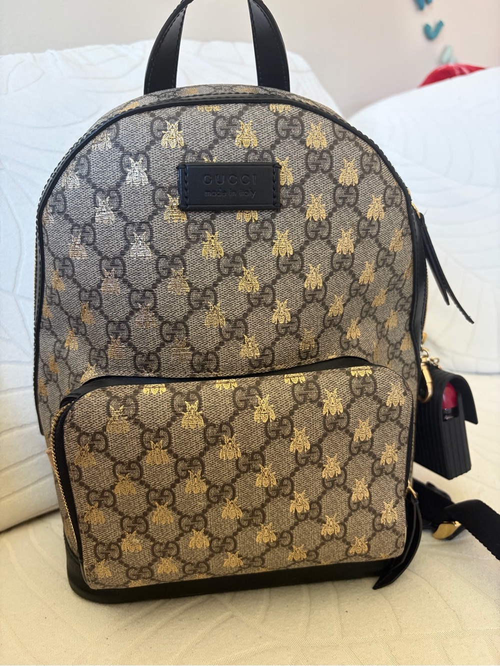 Gucci Beige Brown GG Supreme Bee Print Mini Backpack with Black Trim